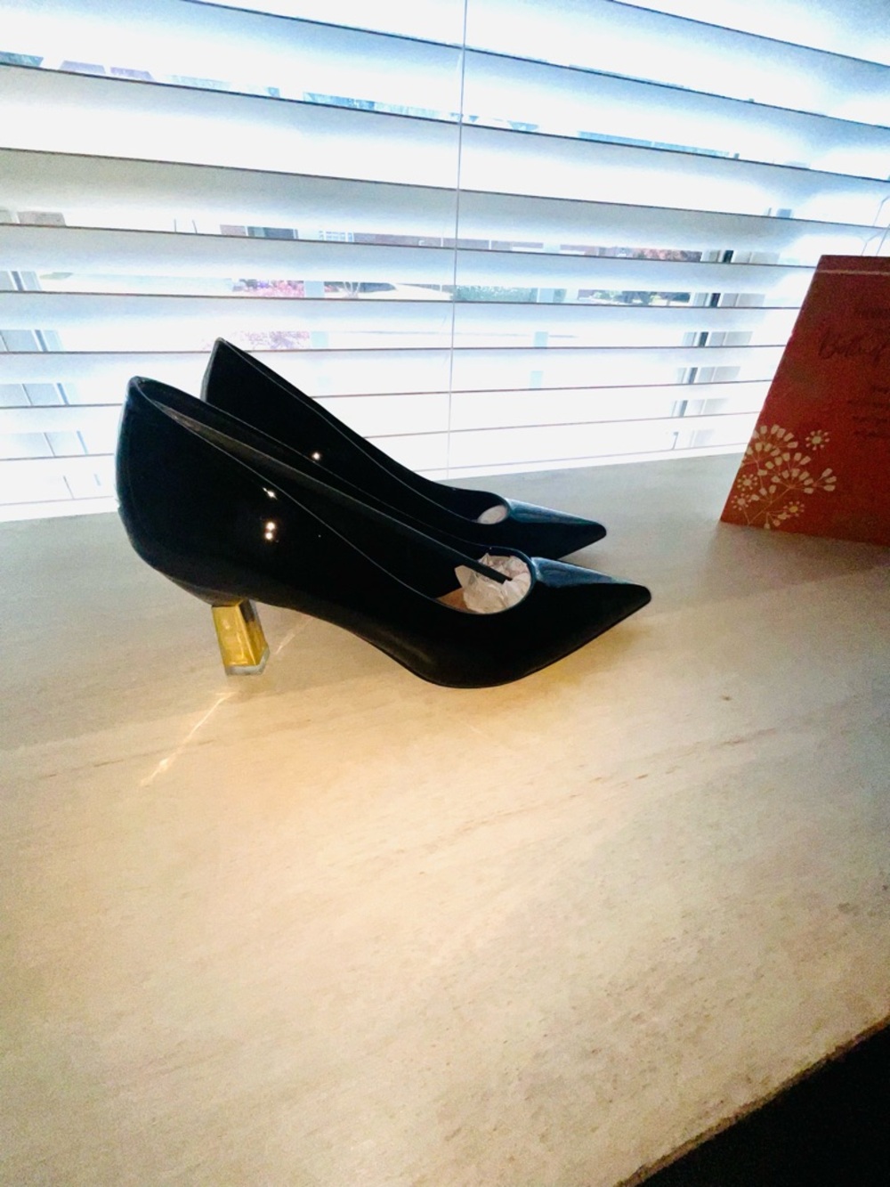 Black Patent Pointed Toe Pumps with Accent Heel